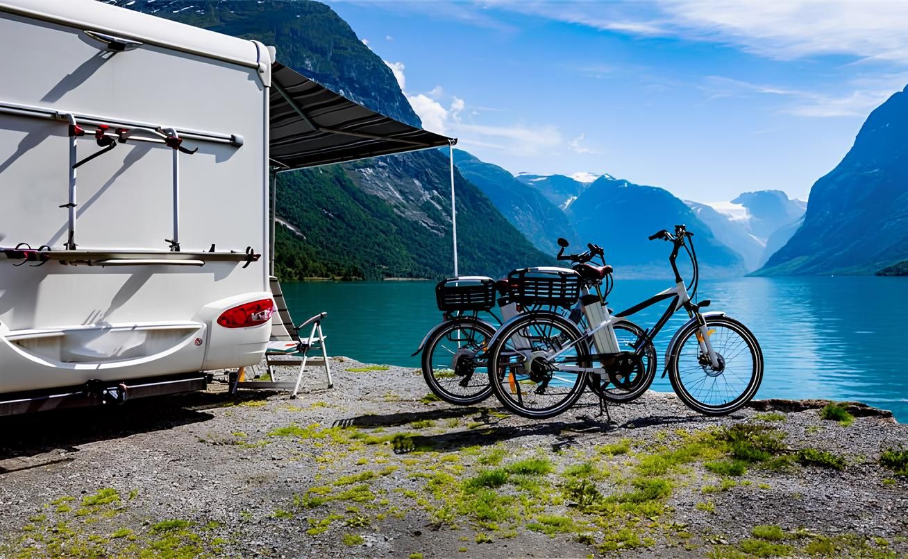 Ein Wohnmobil mit Markise, geparkt an einem ruhigen See, mit zwei Elektrofahrrädern